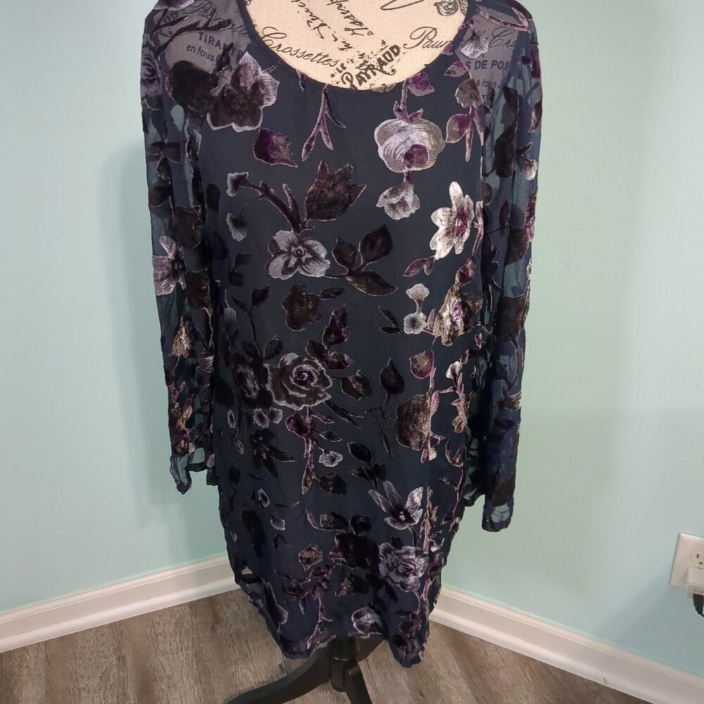 Staring At Stars UO Blue Velvet Floral Long Bell Sleeve Shift Dress Medium Y2k